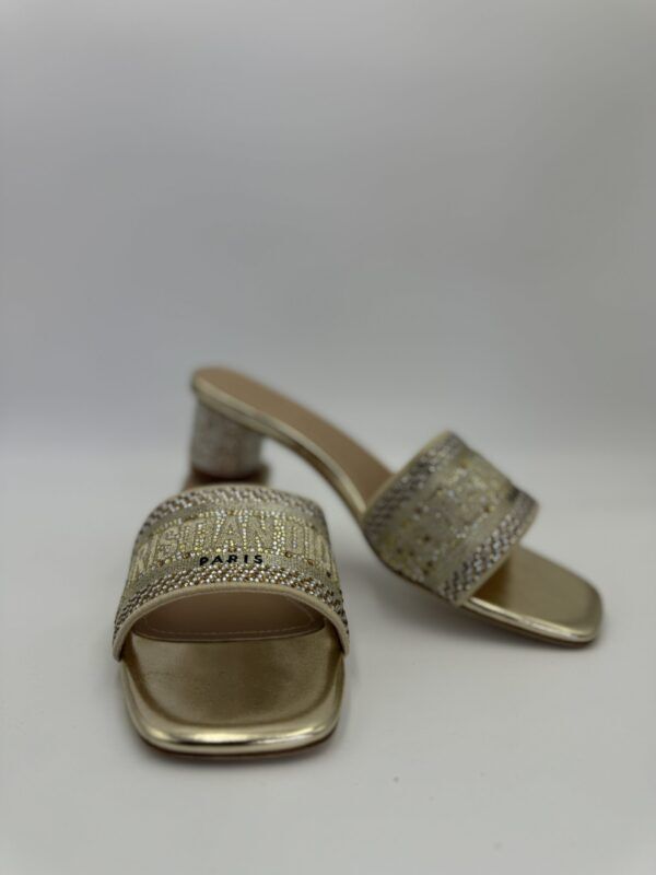 Dway Heeled Slide Gold-Tone Embroidered with Metallic Thread and Strass